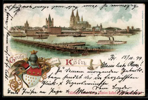 Lithographie Köln, Hafenansicht, Dom, Wappen