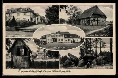 AK Bergen /Lüneburger Heide, Bredebeck, Schloss, Offz. Kasino, Sieben Steinhäuser, Alte Räucherkate