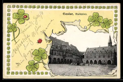 Lithographie Goslar, Marktplatz mit Brunnen, Kleeblätter mit Marienkäfern, Passepartout