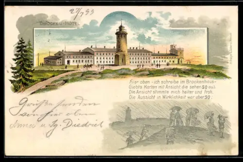 Lithographie Thale /Harz, Brocken-Hotel mit Aussichtsturm, Ausflügler im Regen