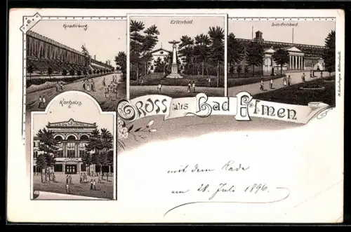 Lithographie Bad Elmen, Gradirwerk, Lindenbad & Kurhaus