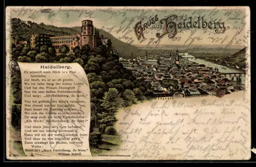 Lithographie Heidelberg, Schloss, Neckarpartie mit Brücken