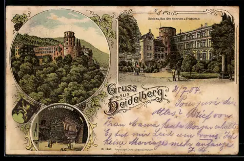 Lithographie Heidelberg, Das grosse Fass, Schloss, Bau Otto Heinrichs u. Friedrichs II