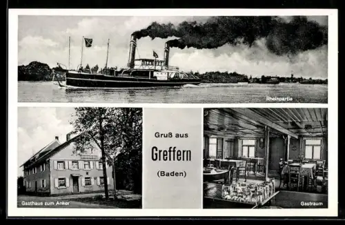 AK Greffern /Baden, Gasthaus zum Anker, Inneres Gastraum, Rheinpartie mit Dampfer
