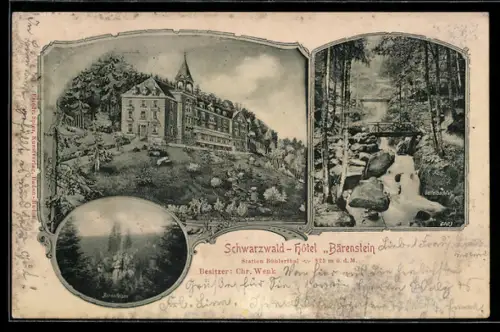AK Bühl /Bühlertal, Schwarzwald-Hotel Bärenstein, Gertelbachfall, Bärenfelsen