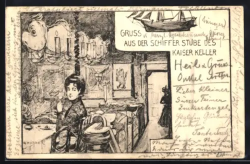 AK Berlin, Gasthaus Kaiser Keller, Schiffer Stube, rückseitig Statue Kaiser Wilhelm II