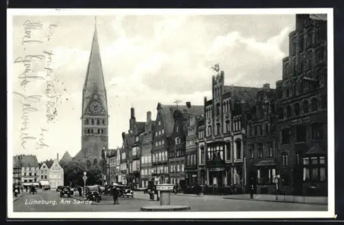 AK Lüneburg, Am Sande, Strassenpartie mit Kirche