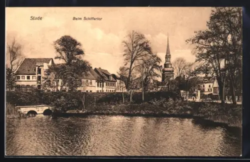 AK Stade, Beim Schifftor, Kirche, Brücke, Häuser am Wasser