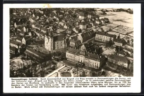 AK Donaueschingen, Luftbild, Residenzschloss, Kirche, Park