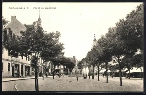 AK Schönebeck a. E., Markt, Denkmal, Gerschäfte