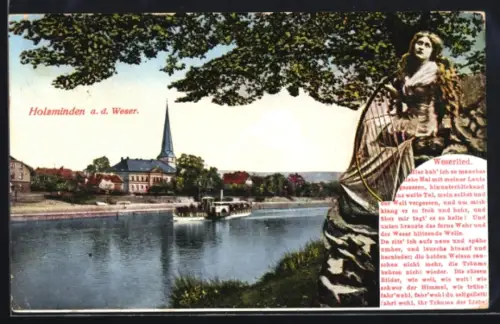 AK Holzminden a. d. Weser, Weserufer, Dampfschiff, Kirche, Weserlied
