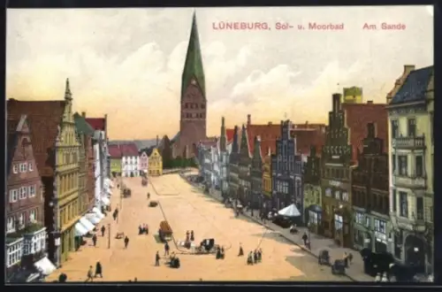 AK Lüneburg, Am Sande, Strassenpartie mit Kirche aus der Vogelschau