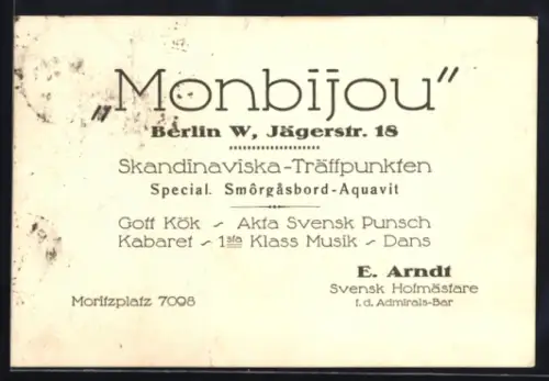 AK Berlin, Restaurant Monbijou, Jägerstr. 18, E. Arndt, Werbung