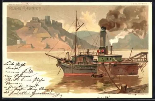 Lithographie St. Goar, Ruine Rheinfels, Dampfschiff auf dem Rhein