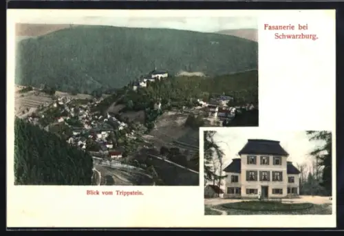 AK Schwarzburg, Fasanerie, Blick vom Trippstein auf den Ort