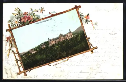 Lithographie Hohenhonnef, Ansicht des Schlosses, Blumen, Ast-Rahmen