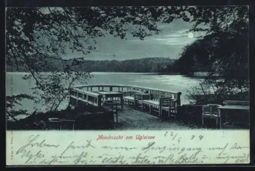 Mondschein-AK Eutin, Mondnacht am Ugleisee, Gasthaus zum Uglei