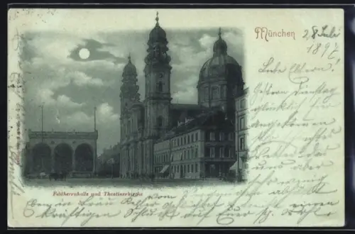 Mondschein-AK München, Feldherrnhalle und Theatinerkirche