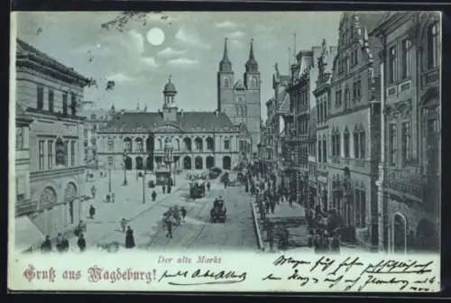 Mondschein-AK Magdeburg, Alter Markt aus der Vogelschau