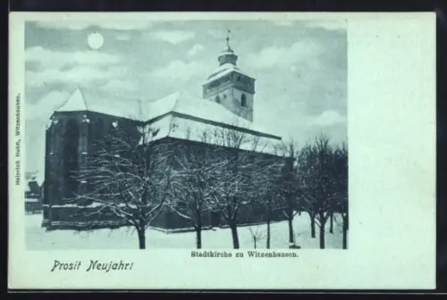 Mondschein-AK Witzenhausen, Stadtkirche im Winter, Neujahrsgruss