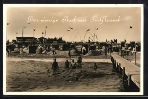 AK Burg auf Fehmarn, Südstrand, Badesteg, Strandkörbe, Badegäste, Tourismuswerbung