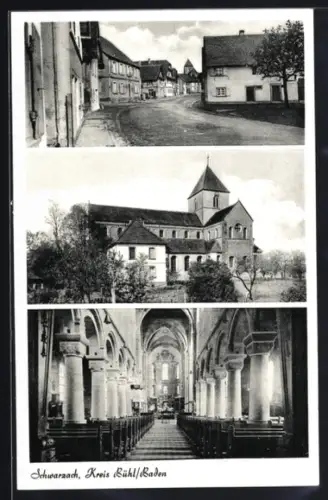 AK Schwarzach /Kreis Bühl, Strassenpartie, Kirche, Innenansicht