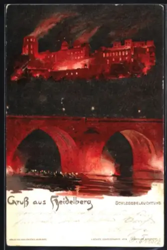 Künstler-AK Heidelberg, Schloss mit Brücke bei festlicher Beleuchtung