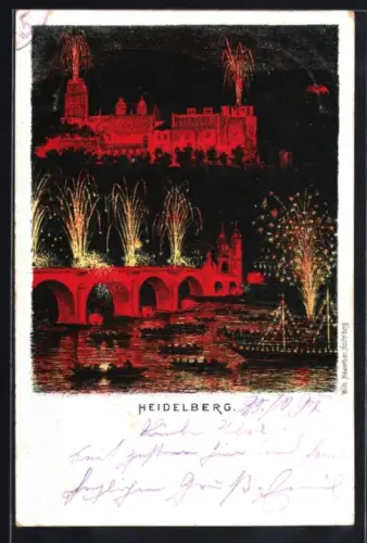 Lithographie Heidelberg, Flusspartie mit Feuerwerk