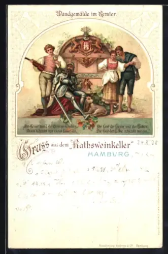 Lithographie Hamburg, Wandgemälde im Remter des Gasthauses Ratsweinkeller, Weintrinker
