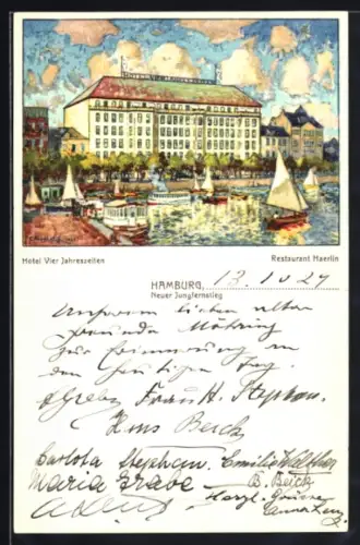 Künstler-AK Hamburg-Neustadt, Neuer Jungfernstieg mit Hotel Vier Jahreszeiten und Restaurant Haerlin