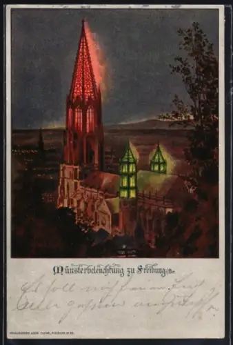 AK Freiburg i. Br., Münsterbeleuchtung bei Nacht