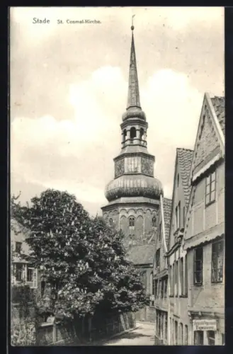 AK Stade, St. Cosmal-Kirche und Tapezier-Geschäft