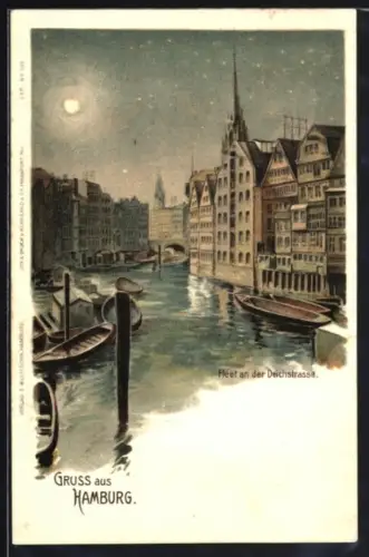 Lithographie Alt-Hamburg, Fleet an der Deichstrasse