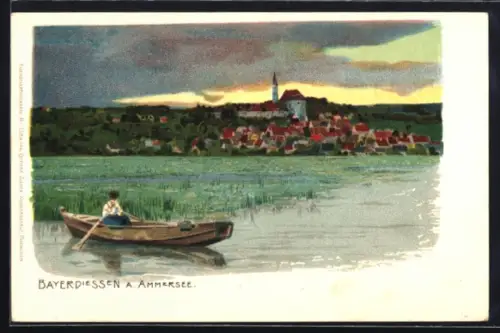 Künstler-AK Diessen a. Ammersee, Ortsansicht mit Bootspartie