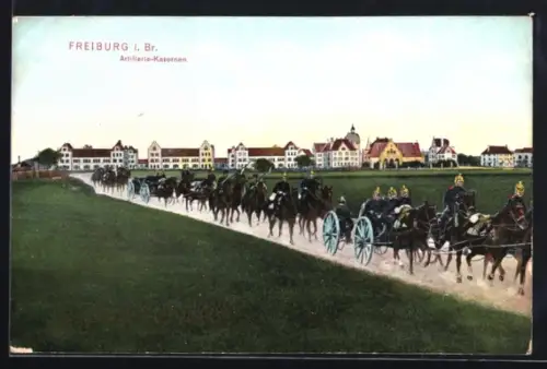 AK Freiburg i. Br., Artillerie-Kasernen mit Soldatenzug