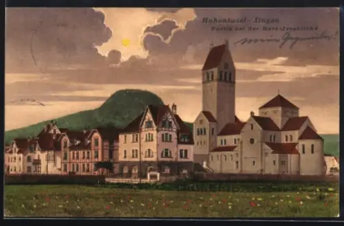 Künstler-AK Hohentwiel-Singen, Herz-Jesukirche