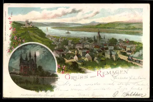 Lithographie Remagen, Stadtansicht, Apollinariskirche bei Nacht