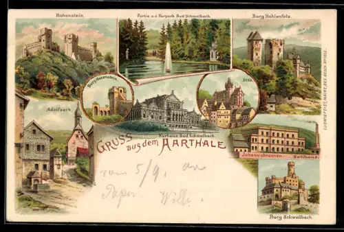 Lithographie Bad Schwalbach, Kurhaus Bad Schwalbach, Adolfseck im Aarthal, Diez