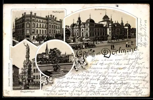 Lithographie Dortmund, Fredenbaum mit Bahn, Oberbergamt, Vehmlinde