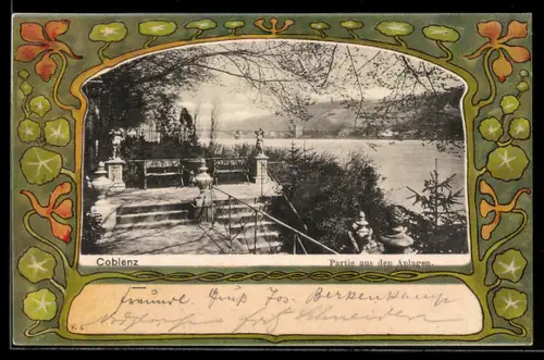 AK Koblenz, Partie aus den Anlagen im Jugendstilrahmen