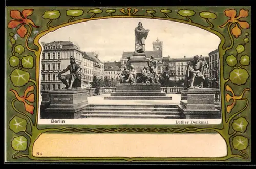Lithographie Berlin, Luther-Denkmal, Blumen, Passepartout, Neuer Markt