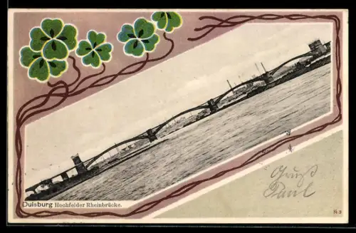 Lithographie Duisburg, Hochfelder Rheinbrücke, Kleeblätter, Passepartout