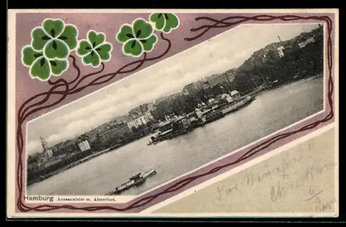 Lithographie Hamburg-St.Georg, Aussenalster mit Alsterlust, Kleeblätter, Passepartout