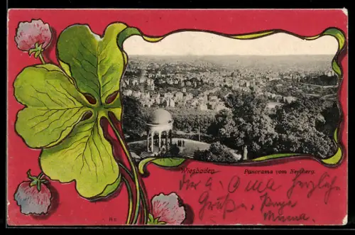 Lithographie Wiesbaden, Panorama vom Neroberg, Teilansicht, Kleeblatt, Passepartout