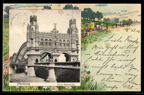 Passepartout-AK Hamburg-Rothenburgsort, Blick auf die neue Elbbrücke