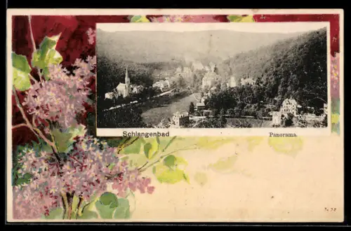 Lithographie Schlangenbad, Panorama mit Kirche, Flieder, Passepartout