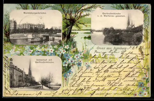 Passepartout-Lithographie Hamburg-Hohenfelde, Mundsburgerbrücke, Getrudenkirche, Immenhof