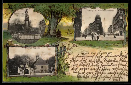 AK Hannover, Georg- u. Nordmannstrasse, Goseriede-Brunnen, Nicolai-Kapelle