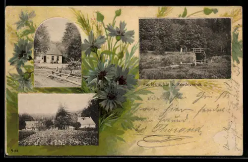 Lithographie Friedrichsruh, Kupfermühle, Strassenpartie, Ortspartie, Kornblumen, Passepartout