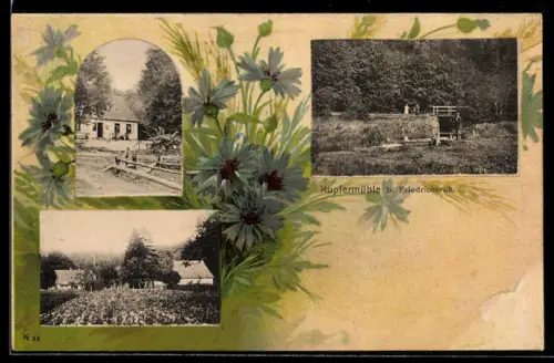 Lithographie Friedrichsruh, Kupfermühle, Strassenpartie, Ortspartie, Kornblumen, Passepartout